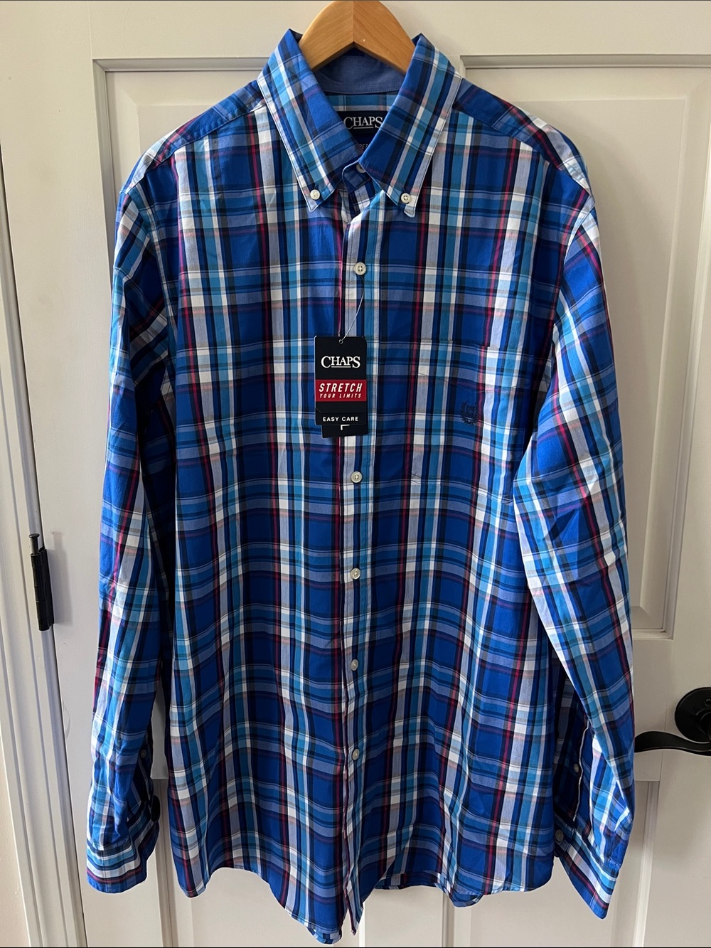 Chaps Men’s Large Tall Blue Plaid Button Down Long Sleeve Shirt Stretch Casual